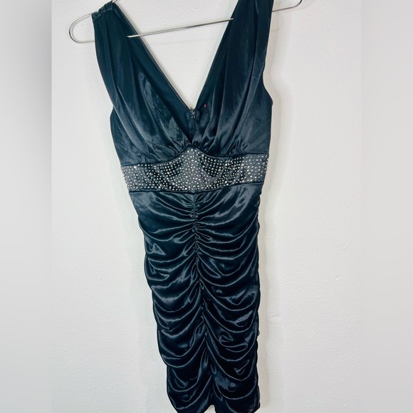 Pompous Girly Black Satin Ruched Bodycon Mini Dress Sz Small Embellished Waist - Picture 3 of 10